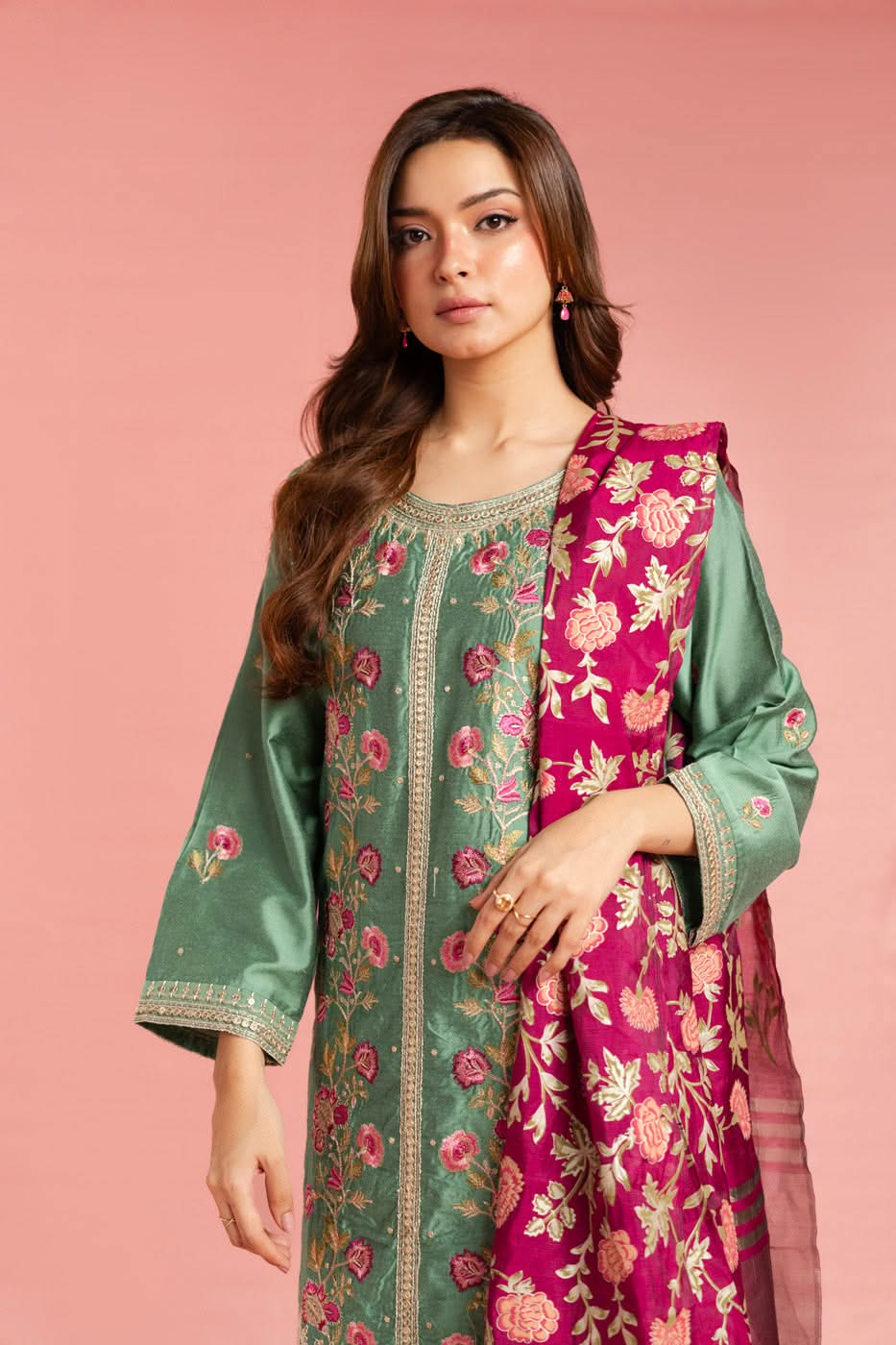 Stitched - 3 Pc Embroidered Indian Silk Outfit