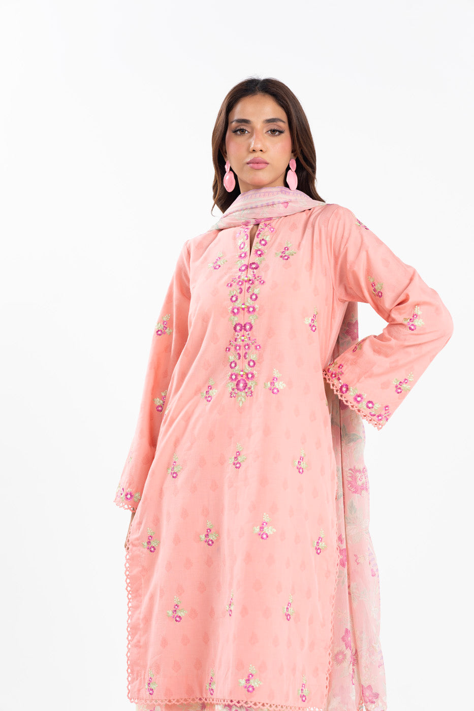 3 Piece Embroidered Dyed Self Jacquard Suit With Printed Chiffon Dupatta