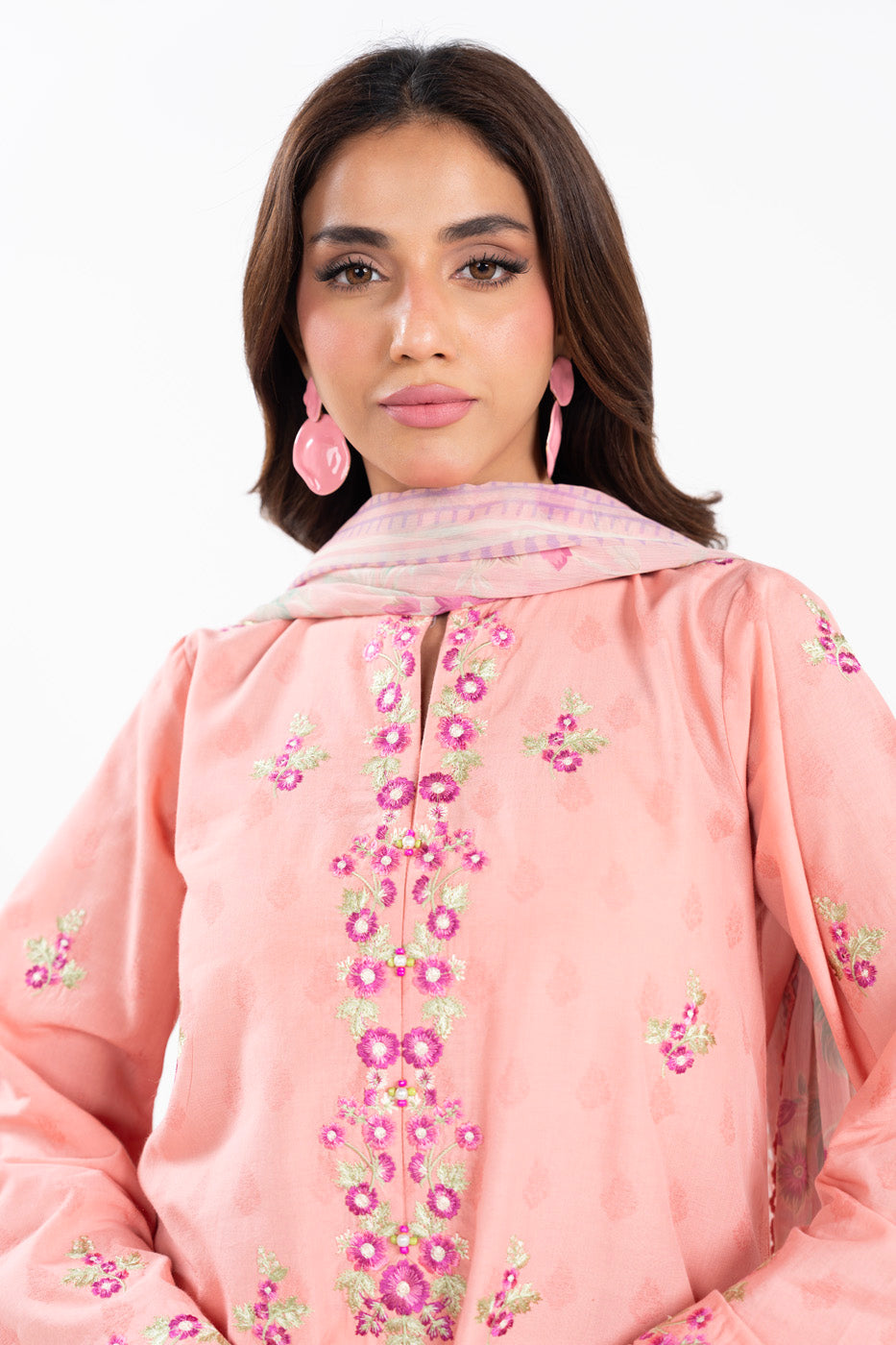 3 Piece Embroidered Dyed Self Jacquard Suit With Printed Chiffon Dupatta
