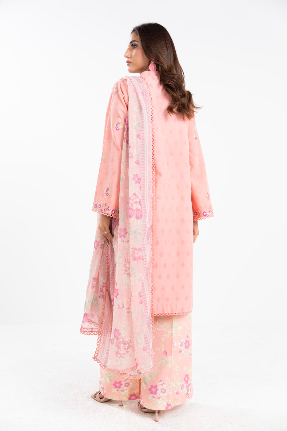 3 Piece Embroidered Dyed Self Jacquard Suit With Printed Chiffon Dupatta