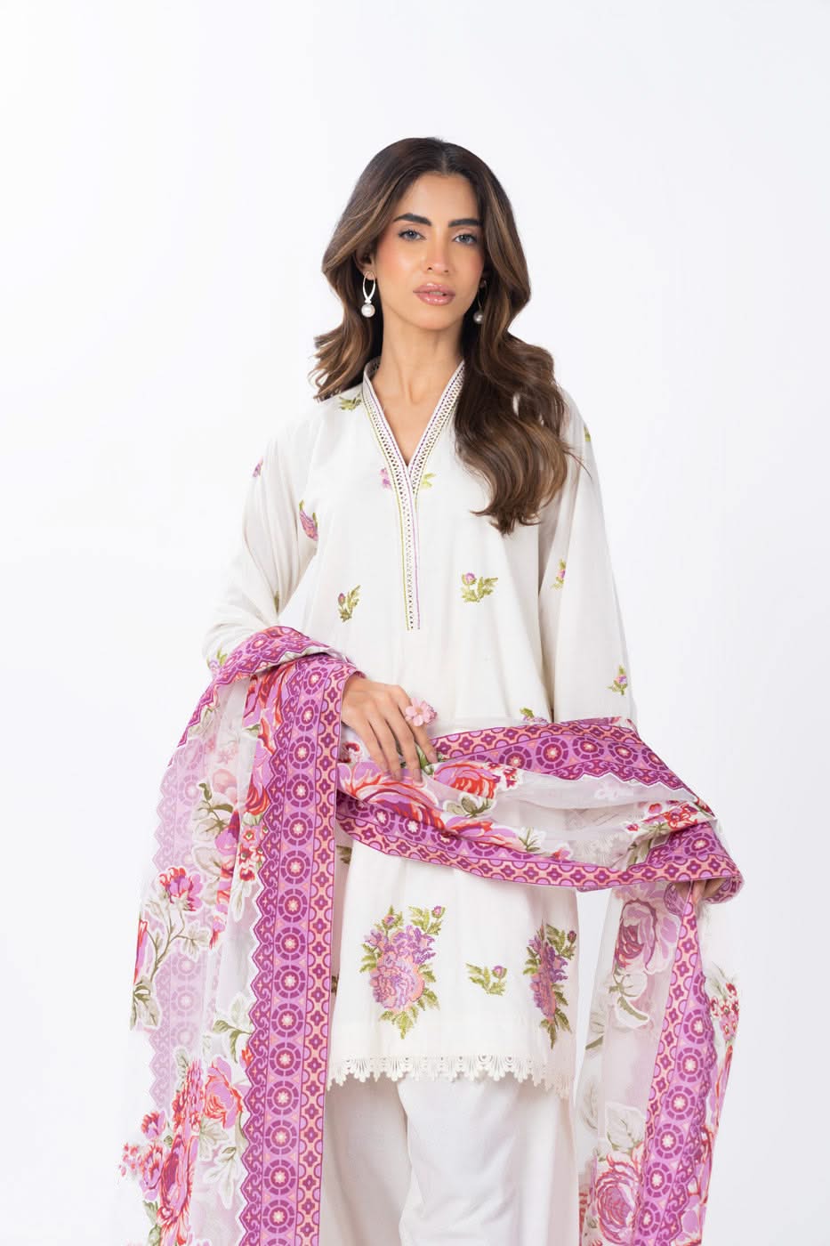 3 Piece Embroidered Dyed Lawn Suit With Printed Burnout Dupatta