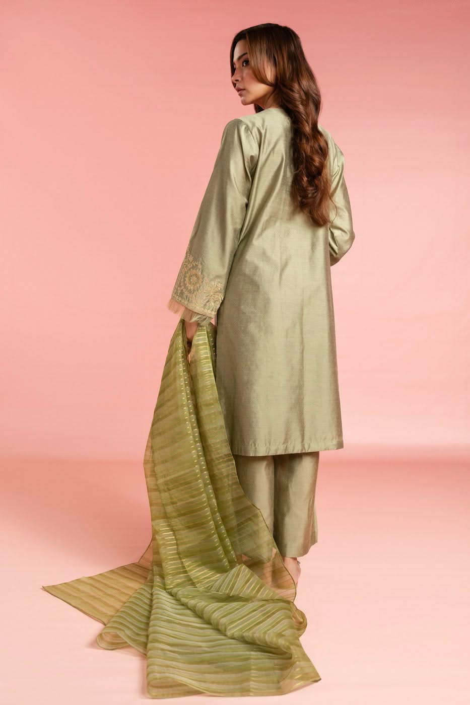 Stitched - 3 Pc Embroidered Cotton Silk Outfit