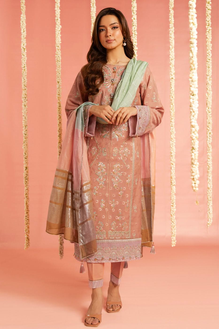 3 Pc Embroidered Cotton Lurex Jacquard Suit With Yarn Dyed Dupatta