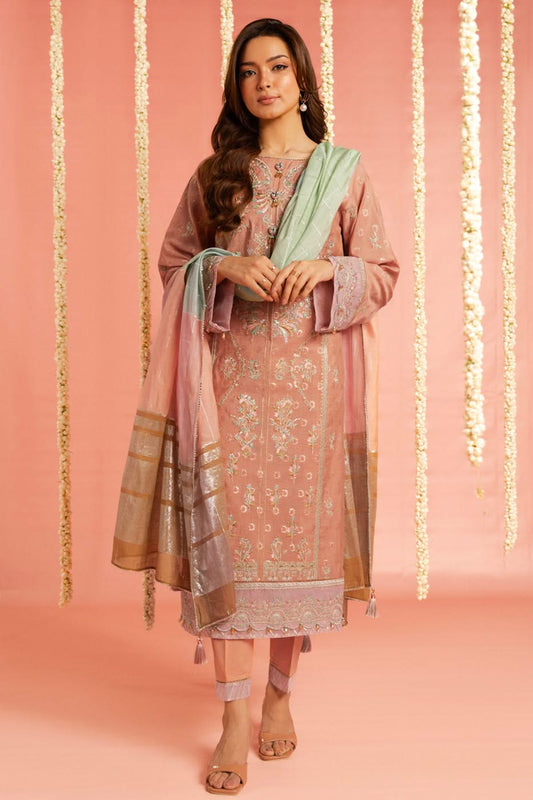 3 Pc Embroidered Cotton Lurex Jacquard Suit With Yarn Dyed Dupatta