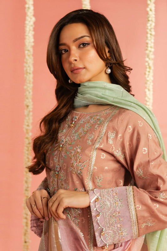 3 Pc Embroidered Cotton Lurex Jacquard Suit With Yarn Dyed Dupatta