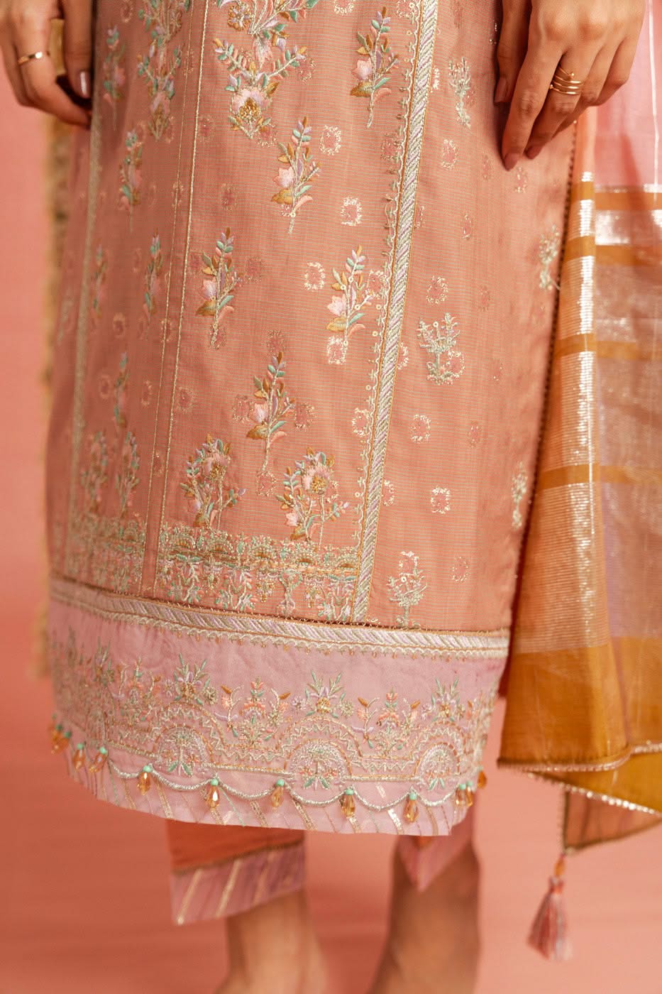 3 Pc Embroidered Cotton Lurex Jacquard Suit With Yarn Dyed Dupatta