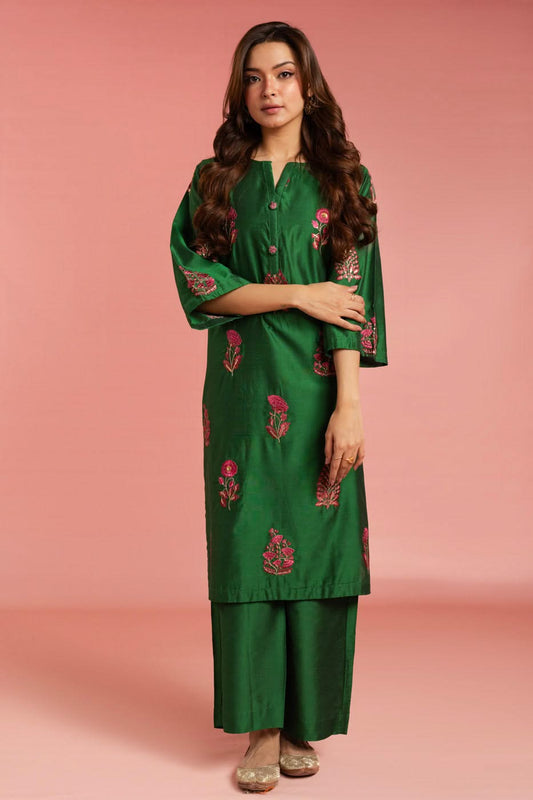 Stitched - 2 Pc Embroidered Cotton Silk Outfit