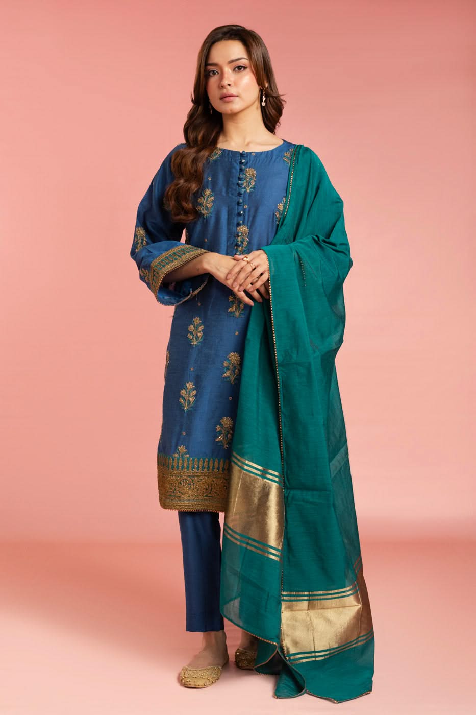 Stitched - 3 Pc Embroidered Indian Silk Outfit
