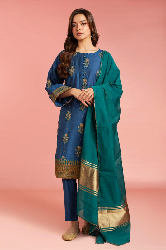 Stitched - 3 Pc Embroidered Indian Silk Outfit