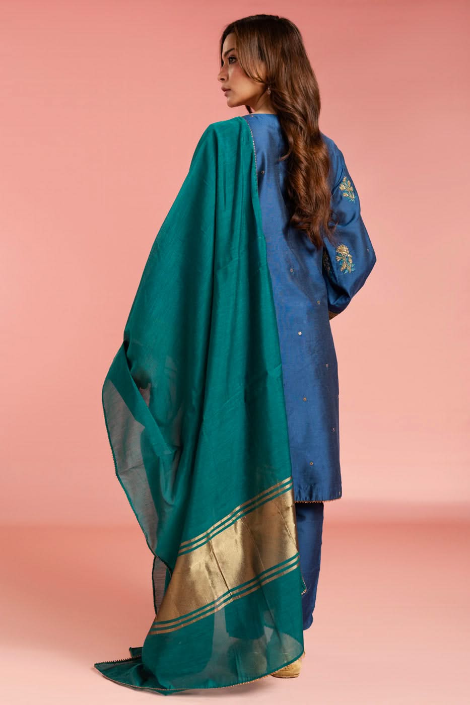 Stitched - 3 Pc Embroidered Indian Silk Outfit