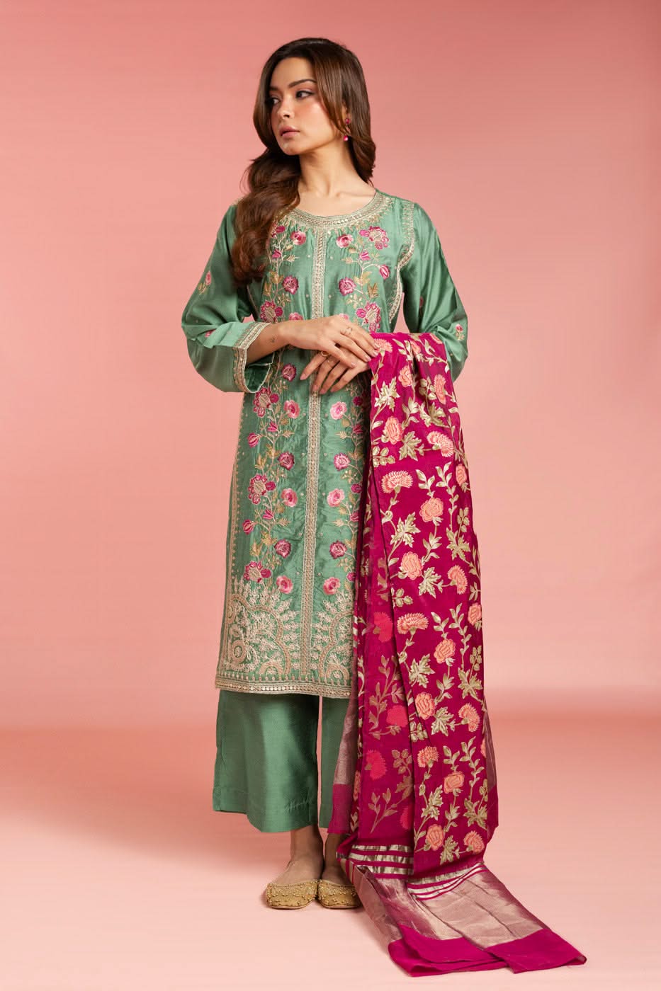 Stitched - 3 Pc Embroidered Indian Silk Outfit
