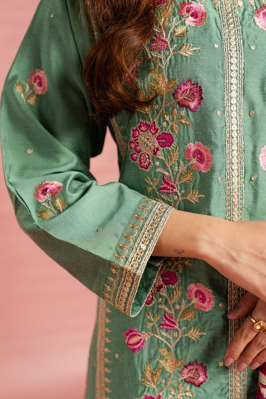 Stitched - 3 Pc Embroidered Indian Silk Outfit