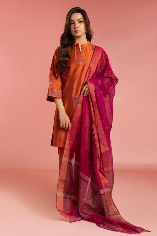 Stitched - 3 Pc Embroidered Cotton Silk Outfit