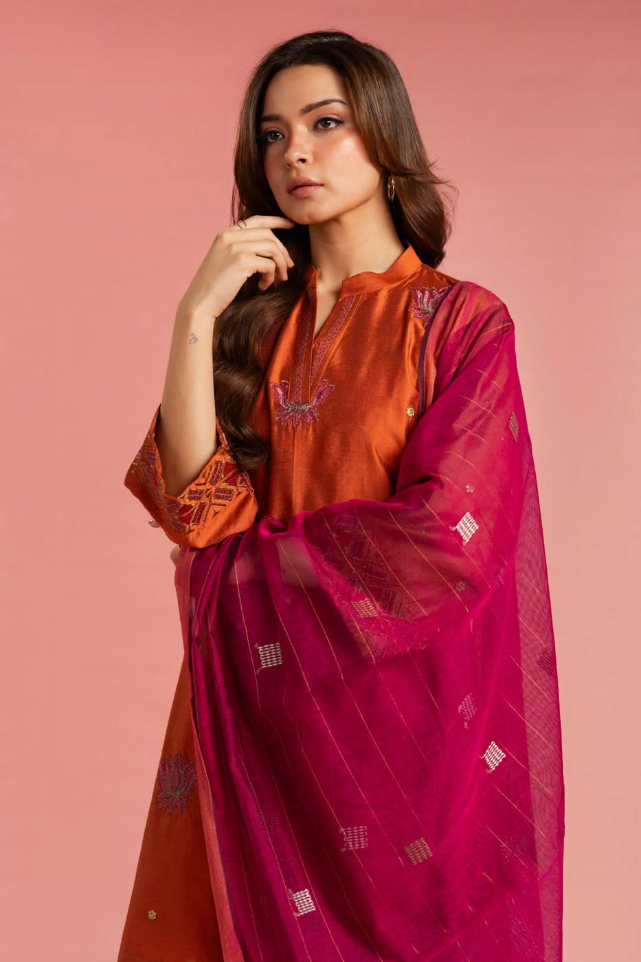 Stitched - 3 Pc Embroidered Cotton Silk Outfit