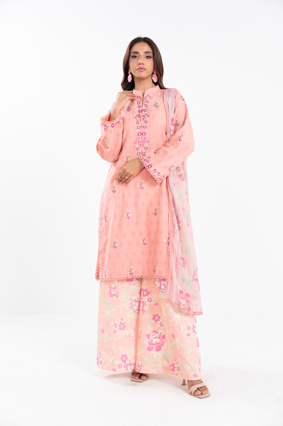 3 Piece  Embroidered Dyed Self Jacquard Suit With Printed Chiffon Dupatta
