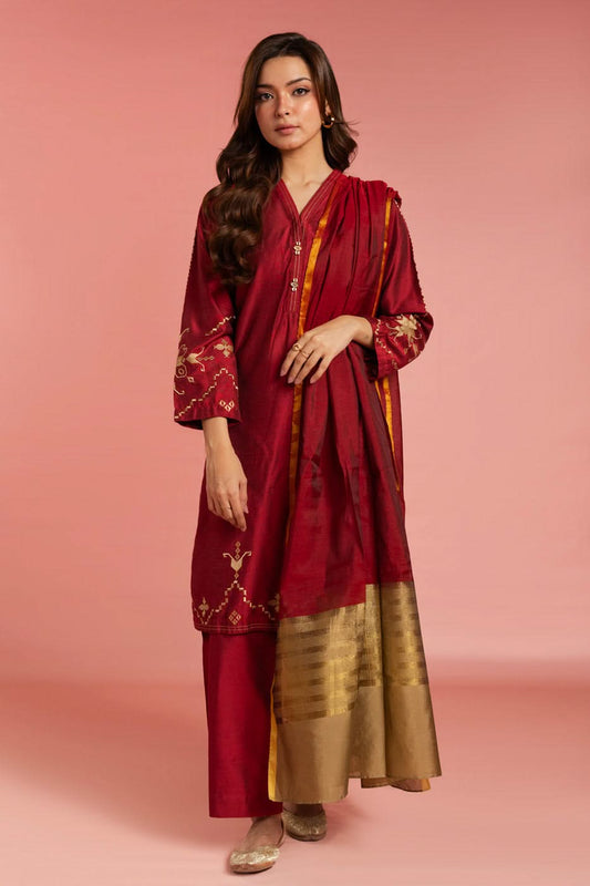 Stitched - 3 Pc Cotton Silk Outfit