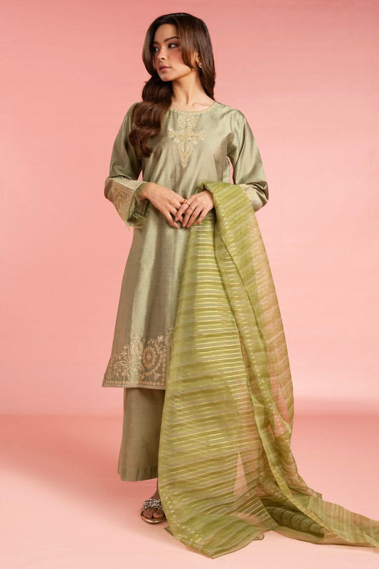 Stitched - 3 Pc Embroidered Cotton Silk Outfit