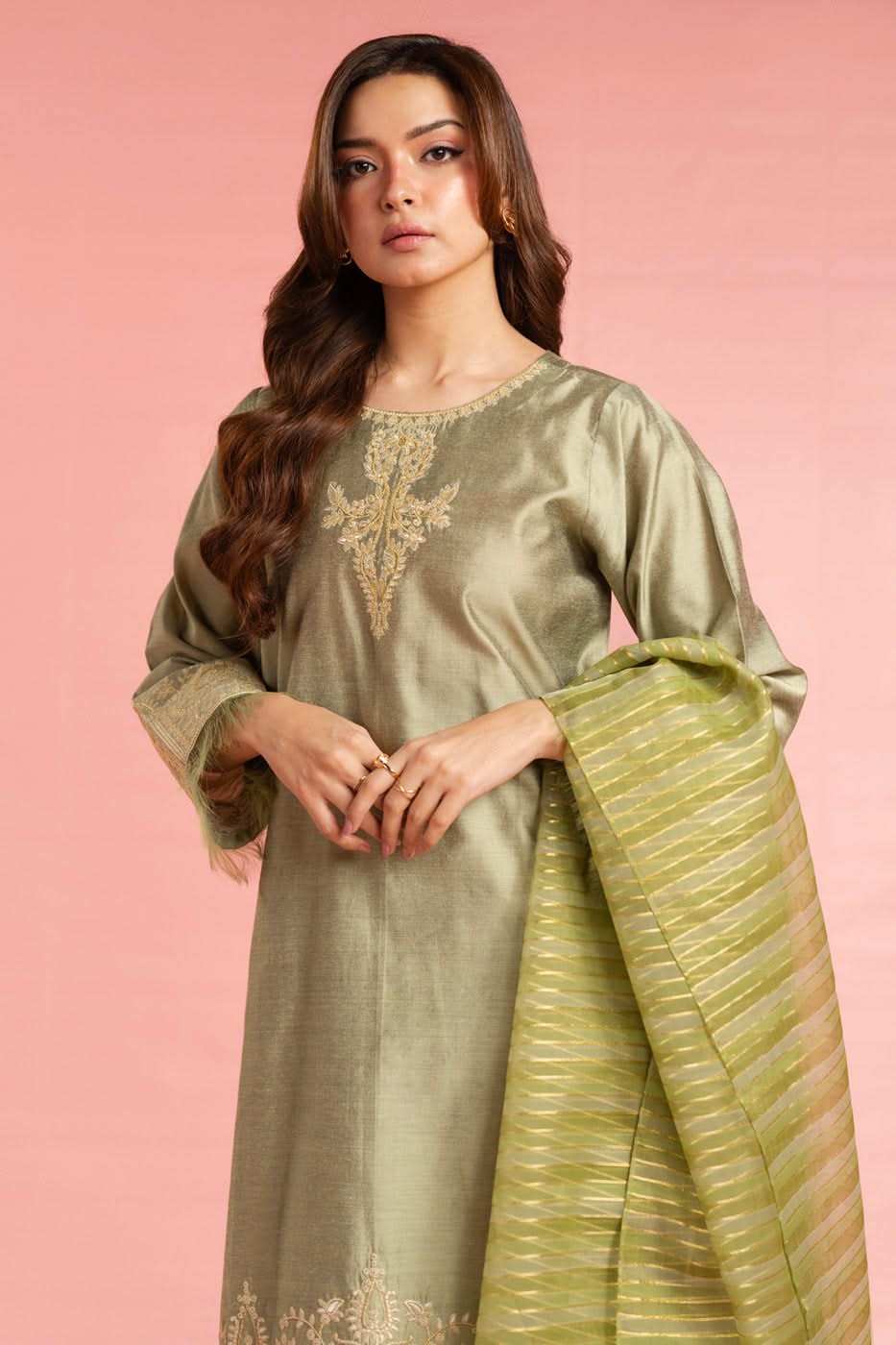 Stitched - 3 Pc Embroidered Cotton Silk Outfit