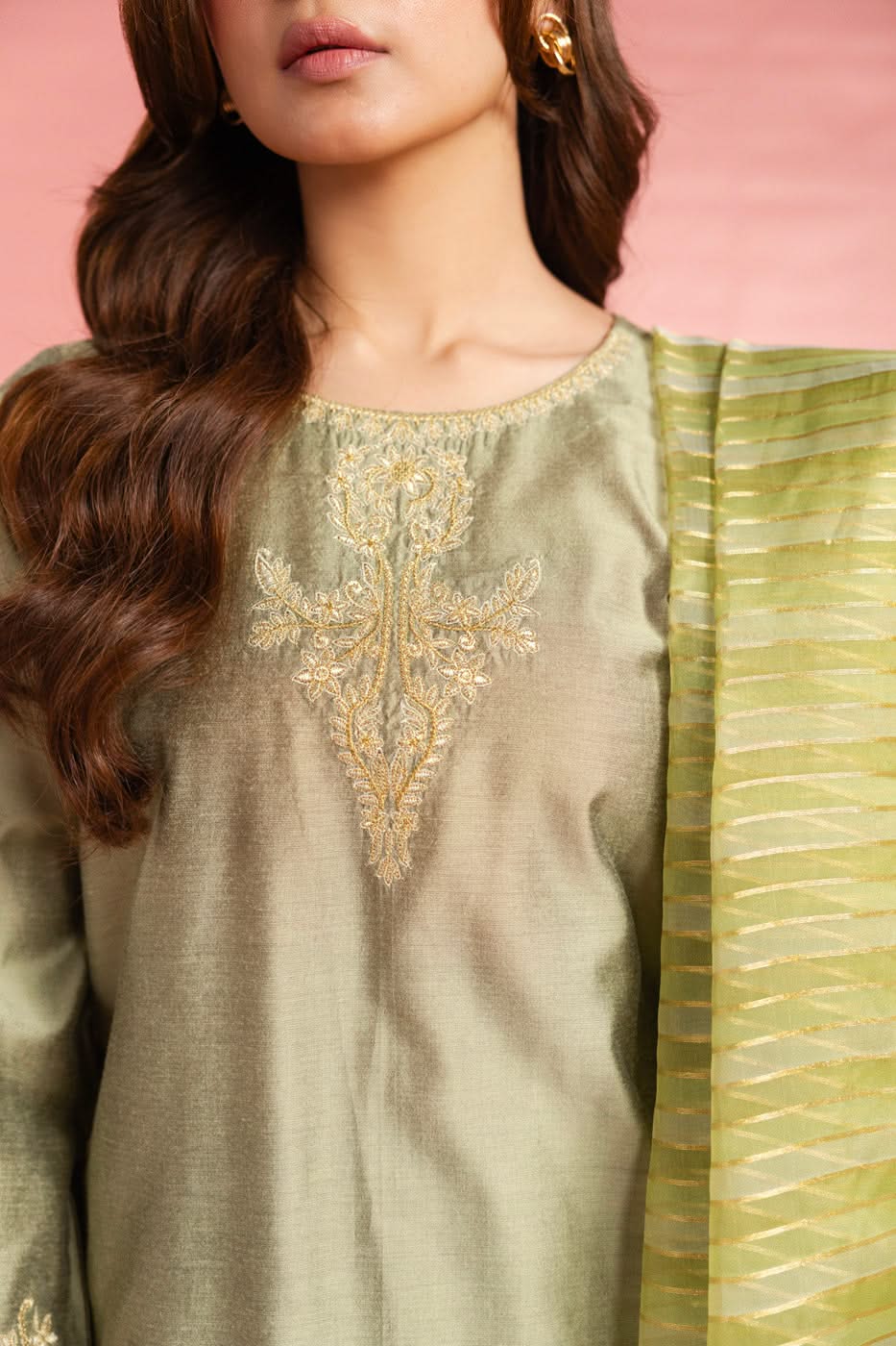 Stitched - 3 Pc Embroidered Cotton Silk Outfit